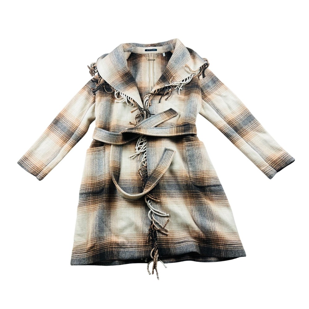 Elie Tahari Plaid Belted Fringe Wrap Coat Women L Wool Blend Luxury Western Boho